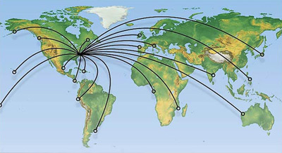 Custom Homes Built Worldwide Since 1968 — Topsider Homes World map showing Topsider Homes shipping routes to destinations worldwide